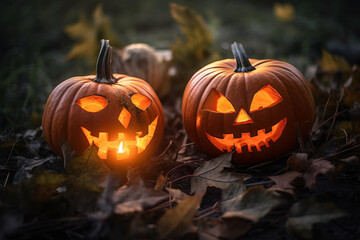 Fototapeta premium Anthropomorphic pumpkin face with spooky illumination for Halloween celebration.