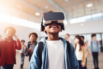 A kid wearing VR goggles at school. Generative AI image