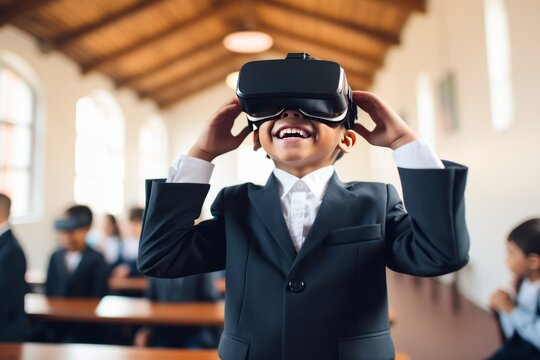 A kid wearing VR goggles at school. Generative AI image
