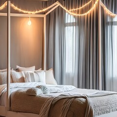 A cozy bedroom with a canopy bed, soft fairy lights, and sheer curtains for a romantic ambiance1, Generative AI