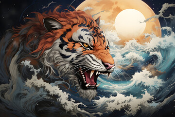 Mythical tiger concept in the style of ink painting, mythical creature illustration