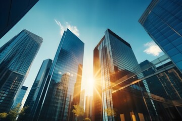 Fototapeta premium skyscraper glass facades on a bright sunny day with sunbeams in the blue sky. created generative AI. 