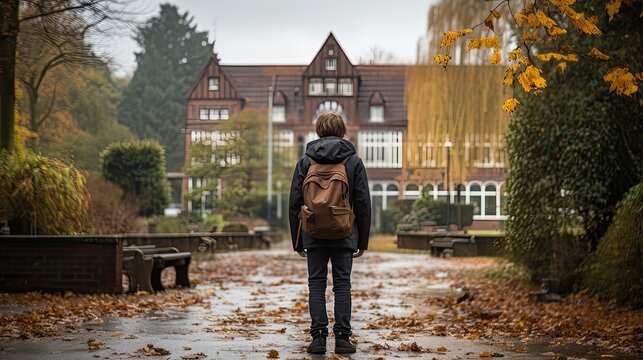 a boy goes to school, take from behind