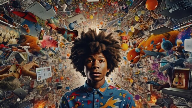 Overwhelming information data explode out of head of young human brain, too much media, too much information, maximalism, news, social media addiction. Generative AI image weber.