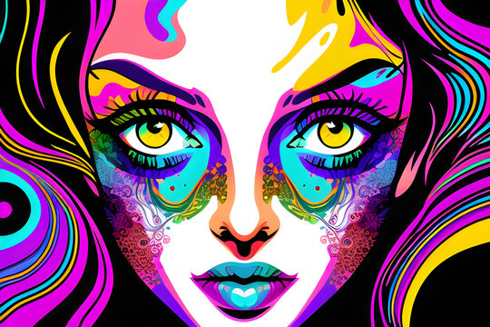 Psychedelic image of a woman's face. (AI-generated fictional illustration)