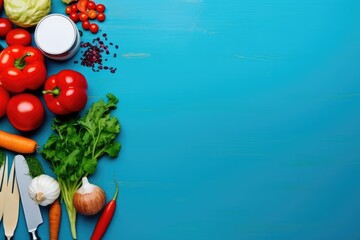Fototapeta na wymiar Fresh vegetables on a blue wooden background. Top view with copy space