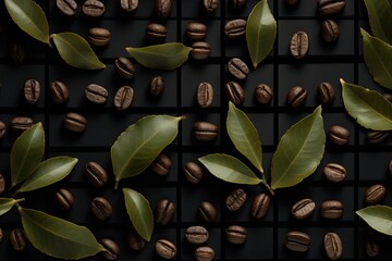 Coffee beans and bay leaf on black background, top view