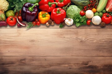 Obraz na płótnie Canvas Fresh vegetables on wooden table. Healthy food background. Top view with copy space