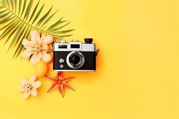 Flat lay composition with retro camera and tropical leaves on yellow background