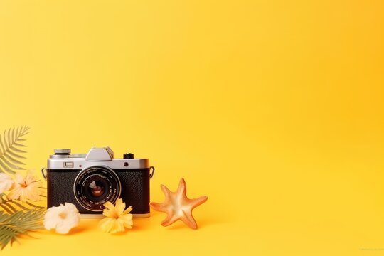 Retro camera and flower on yellow background with copy space for text