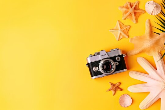 Vintage camera, seashells and starfish on yellow background