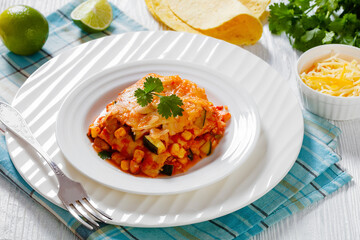 enchilada casserole with veggies, corn, pinto bean