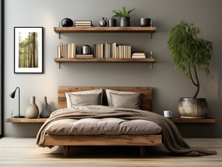 A photorealistic blog featured image of wall - mounted bookshelves for a blog post about decorating bedrooms