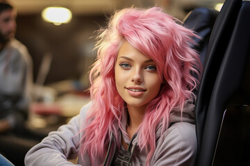 Fototapeta na wymiar Beautiful girl with pink hair at the hairdresser. Generative AI