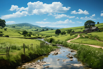 Fototapeta na wymiar Hyper photorealistic image of a farm with a bright blue pond next to a large pasture. AI generative