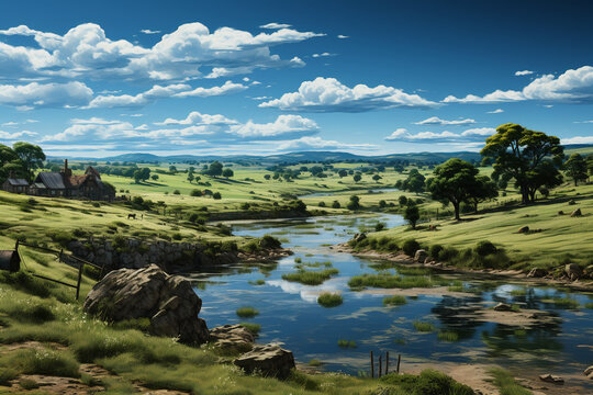 Hyper photorealistic image of a farm with a bright blue pond next to a large pasture. AI generative