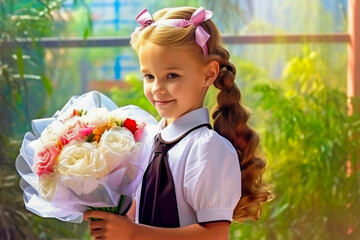 Naklejka premium Portrait of a first-grader with a bouquet of flowers. Generative AI