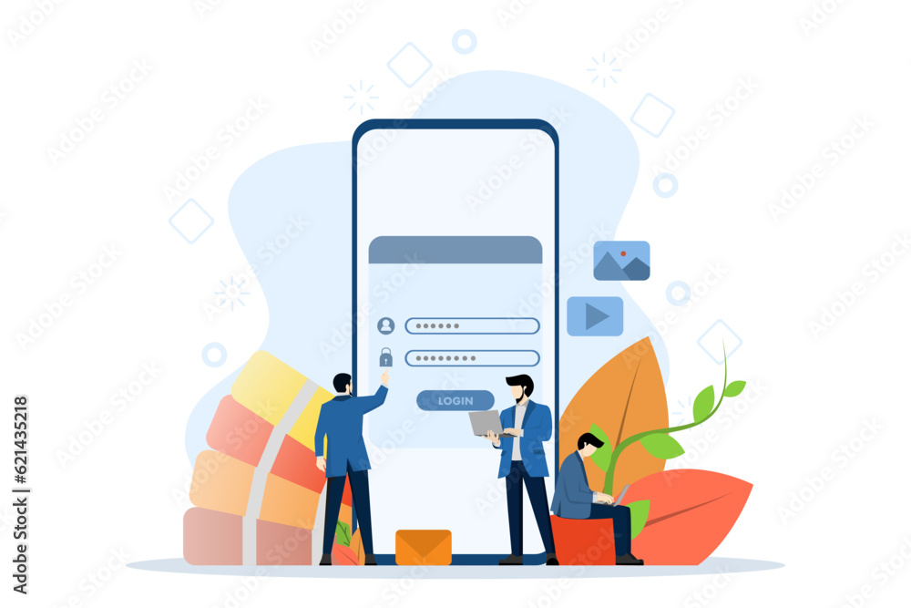 Poster ui ux design concept, showing people create custom design for mobile app, suitable for landing page,