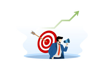 Target marketing concept. PR manager man attracting customers with megaphone. Successful business or consumer targeting. Focus group. Achievement of objectives. Online advertising. Vector illustration