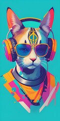 Retro Aggressive Krsna in Headset: Colorful, detailed, clean vector art. Photorealistic, professional photography. Realistic cat. Isometric, vibrant design. Space backdrop, flat white background. High