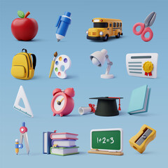 Set of education 3d icons, Back to school concept. - obrazy, fototapety, plakaty