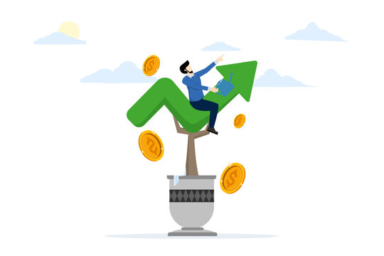 Concept of making profit in stock market or revenue growth. Businessman driving chart Planting in a pot is shaped like a graph. Investment growth or business growth, flat vector illustration.