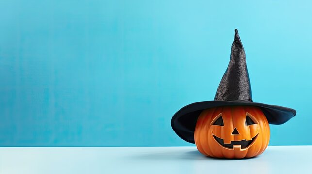 Halloween pumpkin with witch hat on blue background. Halloween concept.