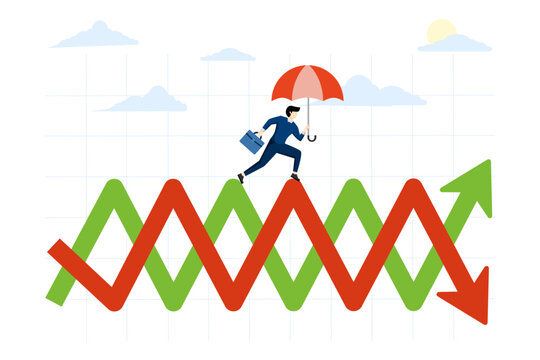 financial uncertainty or challenge concept, Surviving and thriving in investment stock market volatility, risk management or market fluctuation, businessman with umbrella walking on volatile chart.