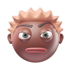 Emoji face with raised eyebrow of funny black african american man. Cartoon smiley on transparent background. 3D render front view