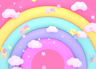 3d rendered kawaii rainbow stars and clouds sky. © tykcartoon