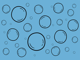 Water bubbles hand drawn on blue background. Bubble set in doodle style isolated on blue water background. Black and white illustration. Underwater air bubbles sketch. Vector