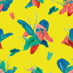 Colorful summer various tropical plants seamless pattern