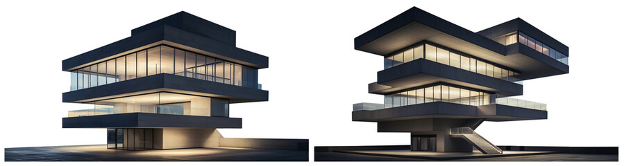 very modern building with several floors and lighting through the windows, on a transparent background, Generative AI