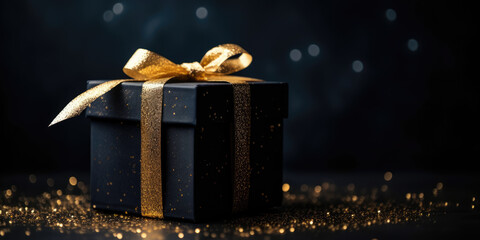 Blue gift box with golden ribbon bow. Elegant dark blue present box with golden bow on a black background, copy space. Background for greeting card for Birthday, Christmas, New Year, Anniversary - obrazy, fototapety, plakaty