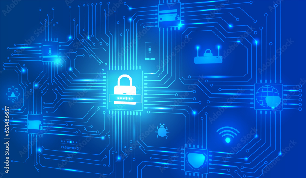 Fototapete Cyber security technology circuit board network protection with digital online secure icons concept vector.