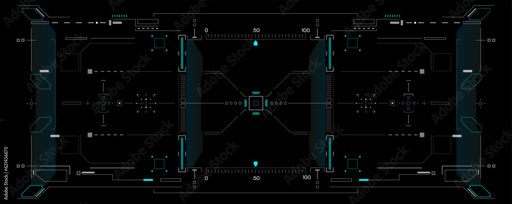 Poster HUD UI Futuristic Screen Monitoring Virtual System Analysis Infographic Vector Design. Technology Digital Aiming Target Scanning Illustration.