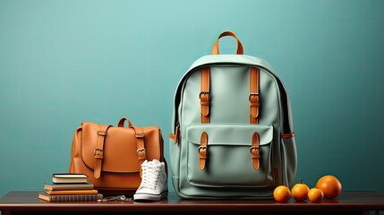 School desk with school accessory and backpack, back to school on isolated background, 3D Illustration