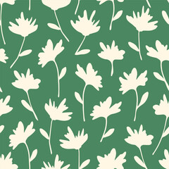 Simple floral vector seamless pattern. Light flowers on a stalk on a dark green background. For printed fabrics, textiles, boho decor.