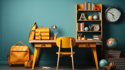 School desk with school accessory and backpack, back to school on isolated background, 3D Illustration - obrazy, fototapety, plakaty