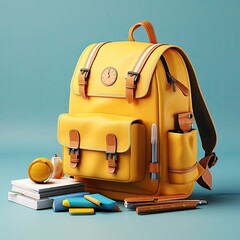 School desk with school accessory and backpack, back to school on isolated background, 3D Illustration