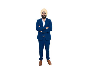 Happy young indian sikh businessman wearing suit standing cross arms isolated over white...