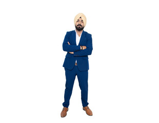 Happy young indian sikh businessman wearing suit standing cross arms isolated over white...