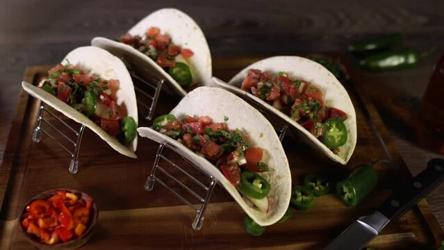 Meat Tacos on Wood Board