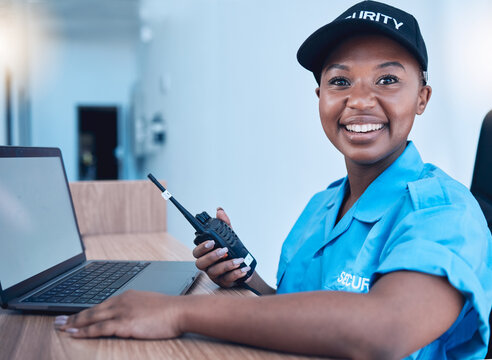Security guard, communication and officer with smile use walkie talkie or radio for an emergency or criminal. Protection, safety and black woman talking in a law enforcement service office for crime