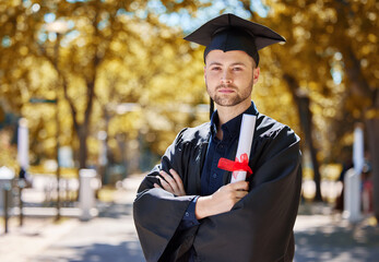 Graduation, diploma and arms crossed with man portrait with education paper and serious outdoor....