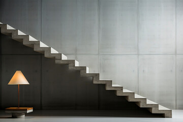 Minimalist style cement staircase, and a lamp under the staircase. Generative AI.