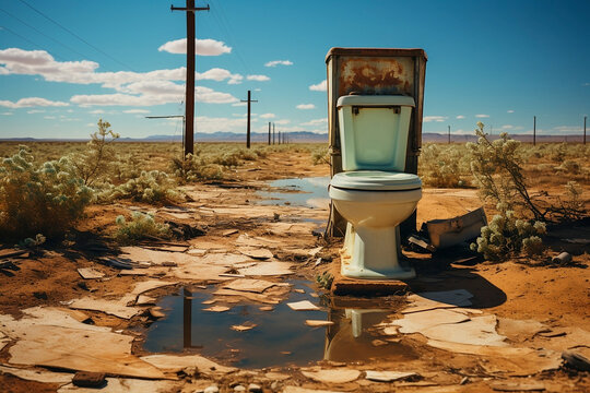 Retro toilet in the middle of the desert. Environmental pollution. Generative AI.