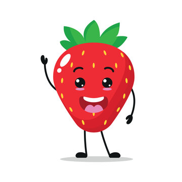 Cute happy strawberry character. Smiling and greet fruit cartoon emoticon in flat style. berries emoji vector illustration