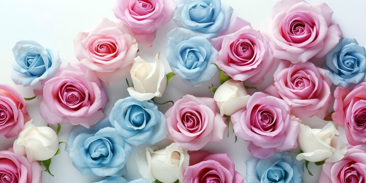 Bouquet of white, blue and pink roses on white background with copy space