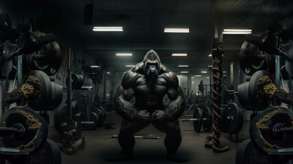 Fototapeta premium Gorilla as muscular fitness instructor in a gym.ai generated 